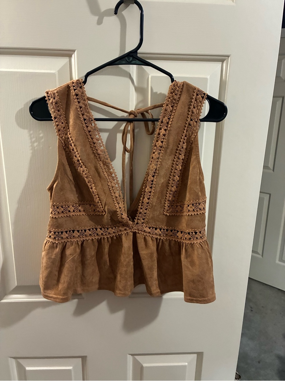 ILLA ILLA Tan Crochet-Trim Suede-Look Peplum Crop Top